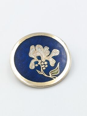 Vintage signed De Passillé-Sylvestre enamel flower blue round brooch pin